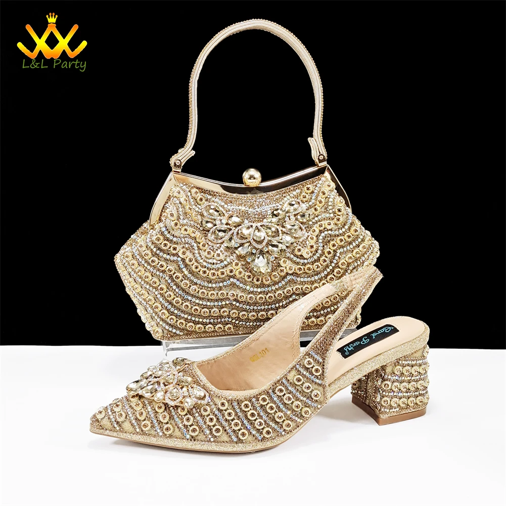 Sweet Style Nigerian Design Shoes and Bag to Match in Black Color Fashion Mature Ladies Pumps with Shinning Crystal for Party