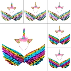 Unicorn Girls Ears Headband Rainbow Wings Hairband Kids Unicorn Cosplay Dress Up Costume Props Unicorn Birthday Party Decoration