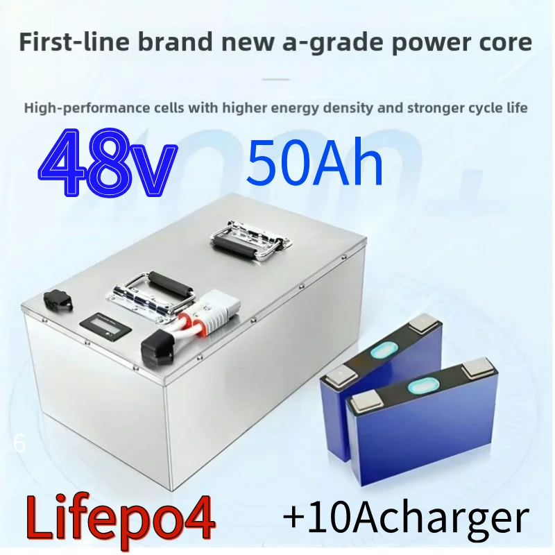 

Аккумулятор LiFePO4 48 В, 50 Ач с мощным зарядным устройством BMS 10 А — металлический корпус, глубокий цикл для гольф-каров, солнечных систем хранения AGV