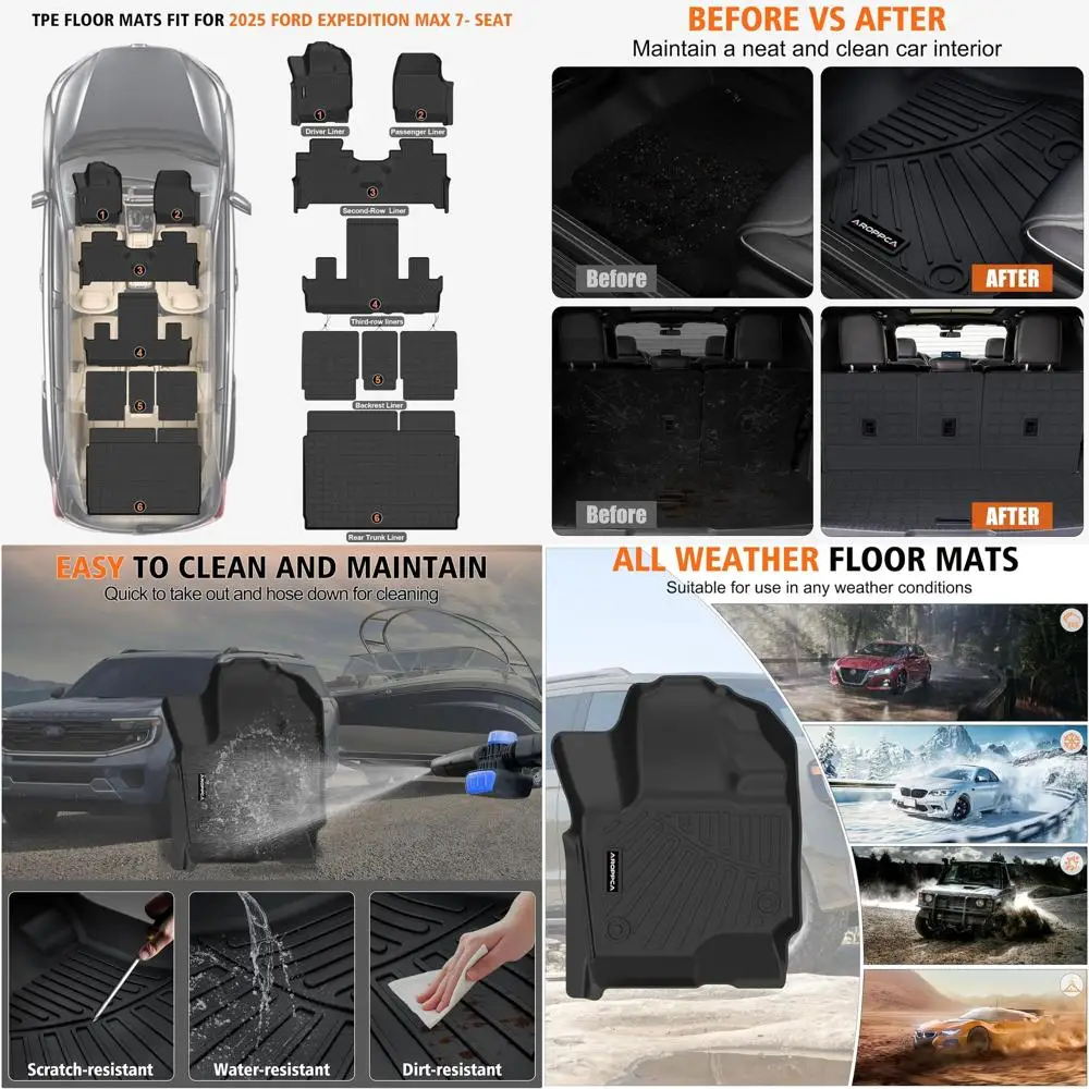 

Всепогодные автомобильные коврики Грузовой вкладыш с ковриком на спинку для Ford Expedition Max 2025 7 сидений, резиновые вкладыши из ТПЭ, полный комплект автомобилей