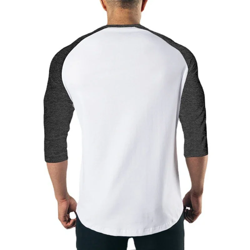 Zwykła koszulka fitness z rękawami trzy czwarte męska odzież treningowa bawełniana oddychająca koszulka Slim Fit siłownia kulturystyka topy umięśnione — zdjęcie 5