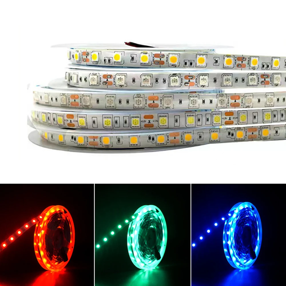 Tira de luces LED SMD 5050, 5V, 12V, 24V, 60LEDs/m, Flexible, IP20, IP65, cinta LED impermeable, RGB, RGBW, Blanco cálido