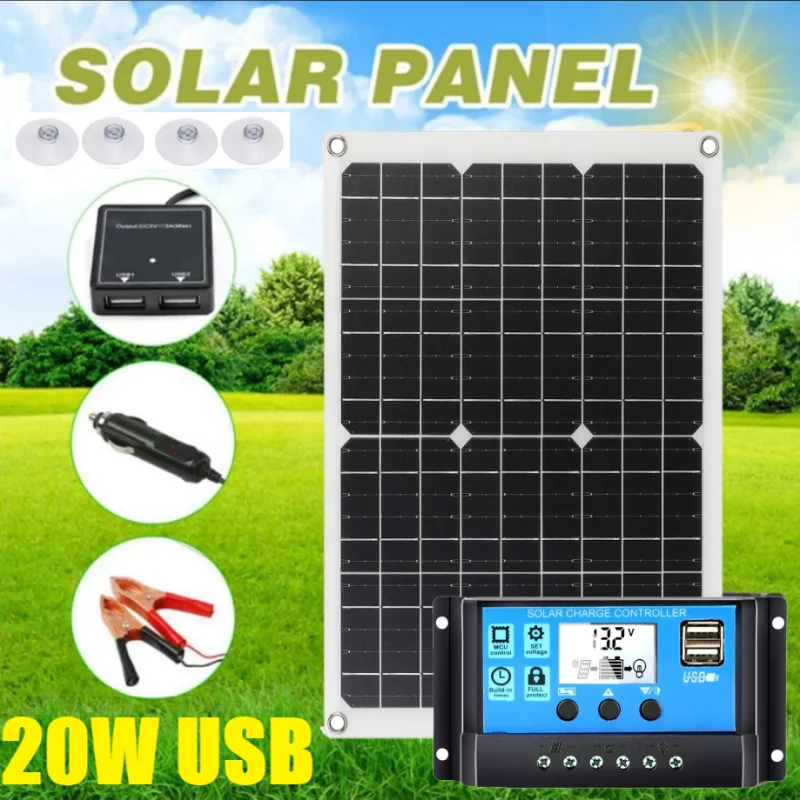 New Portable 20W Solar Panels Flexible Solar Panel 12V/18V Solar Complete Kit System Mobile Phone Charger USB Power Bank Camping