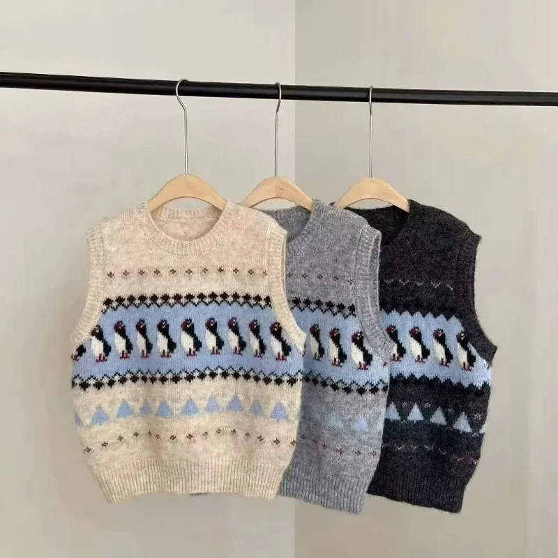 Cute Cartoon Jacquard Sweater Vest Women Vintage O Neck Sleeveless Pullover 2025 Autumn Winter Overlap Knitted Crop Top
