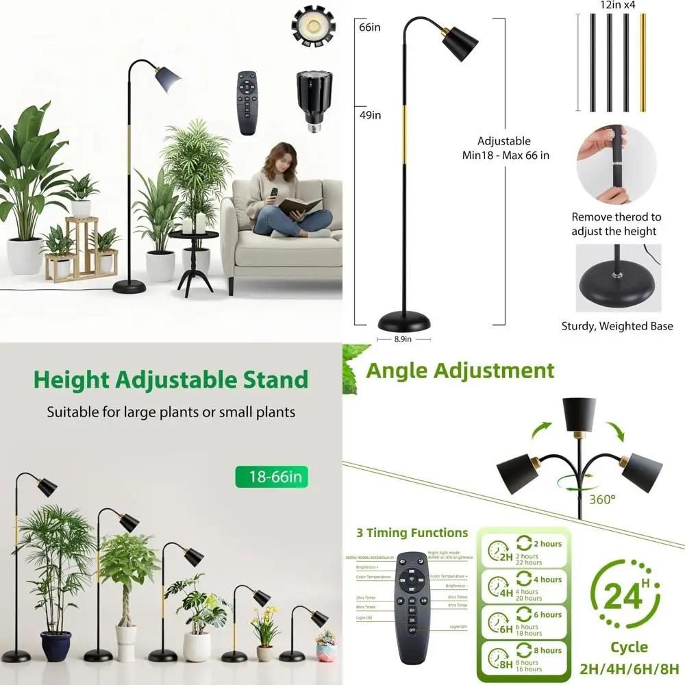 

Adjustable Tall Indoor Plant Floor Light with Remote Control and Timer, Stylish Gooseneck Standing Grow Light for 360-Degree Ill