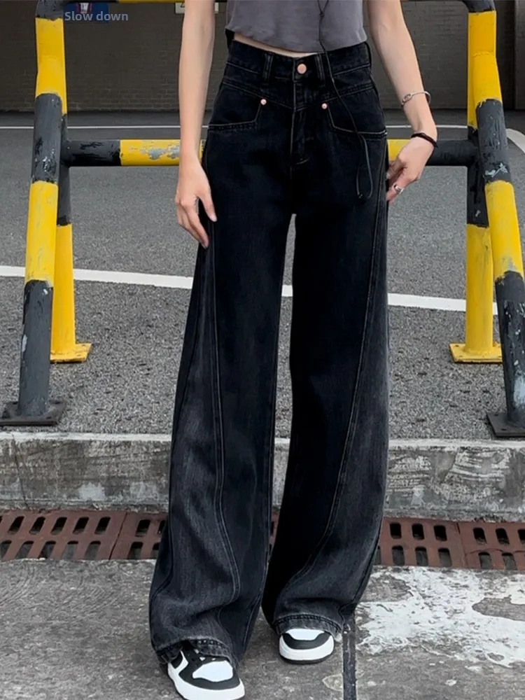 

Джинсы прямого кроя с высокой талией и широкими штанинами, женские свободные утягивающие брюки в американском стиле ретро для больших размеров