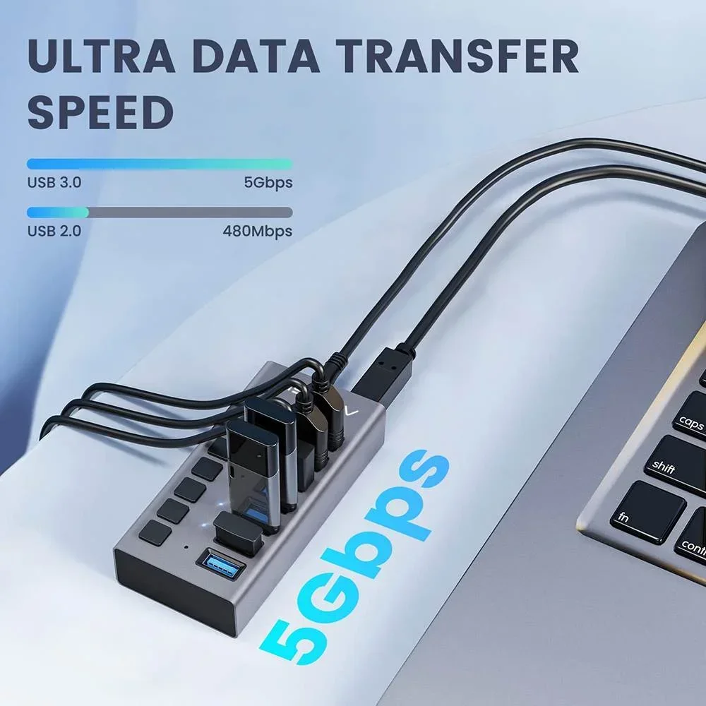 Acasis USB 3.1 10Gbps 7 Ports Splitter USB Extender Individual Switch Docking Station For Data transfer and Charging