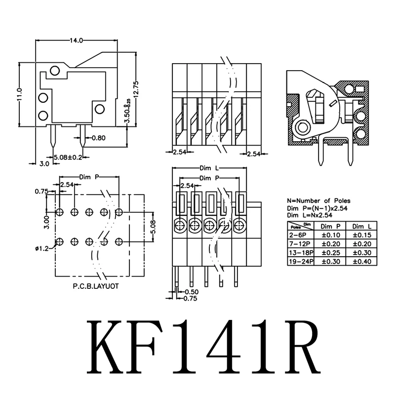 KF141R Pitch 2.54mm PCB Mount Spring Screwsless Right Angle Terminal Blocks Connector 2/3/4/5/6/7/8/9/10Pin 150V 2A for 26-20AWG
