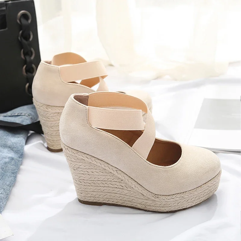 10cm obcas espadryle kobiety Suede Wedge pojedyncze buty płytkie usta nowe sandały wysokie obcasy wiosna jesień 2023