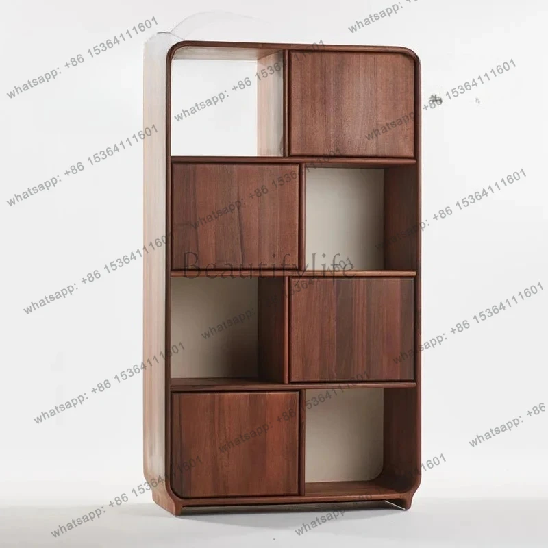 

Nordic black walnut bookcase jewelry cabinet living room solid wood shelf display rack lattice bookshelf