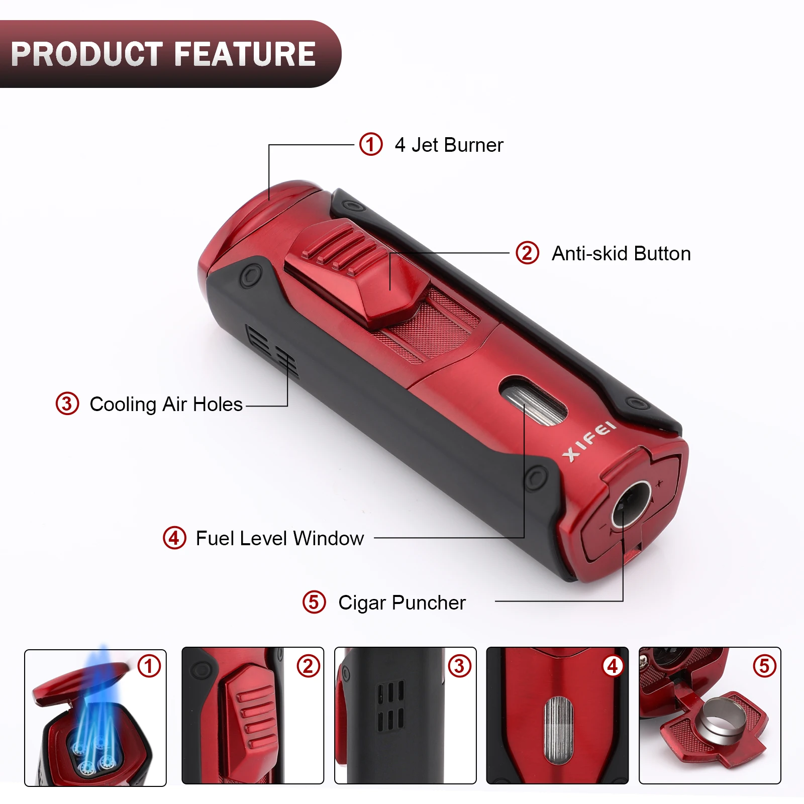 XIFEI Torch Lighter 4 Jet Flame Refillable Butane Lighter, Built-in Cigar Punch, Portable Cigar Lighter Adjustable Flame,Smoking