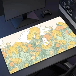 Pink Flower Large Desk Mats Green Plant Flower Deskpads Cute Bunny Mouse Pad Computer Mousepad Kawaii Mause pads 900x400mm Xxl