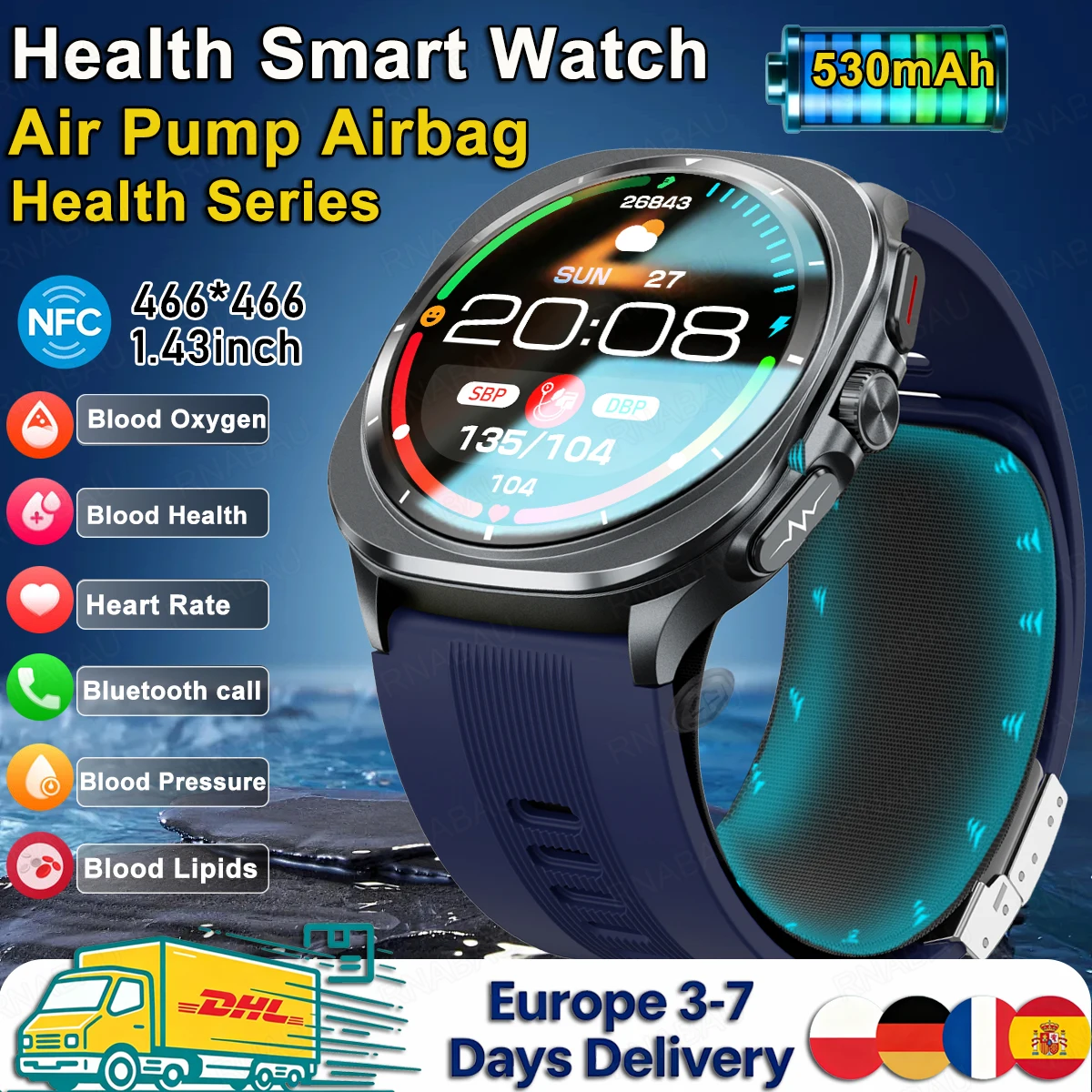 2026 Neue Luftpumpen-Airbag-Smartwatch: Präzise Blutdruckmessung, Gesundheitsuhr mit EKG, Harnsäure- und Blutfettanzeige, Elektronische Sportuhr für Herren, Wasserdicht, Lokaler Versand