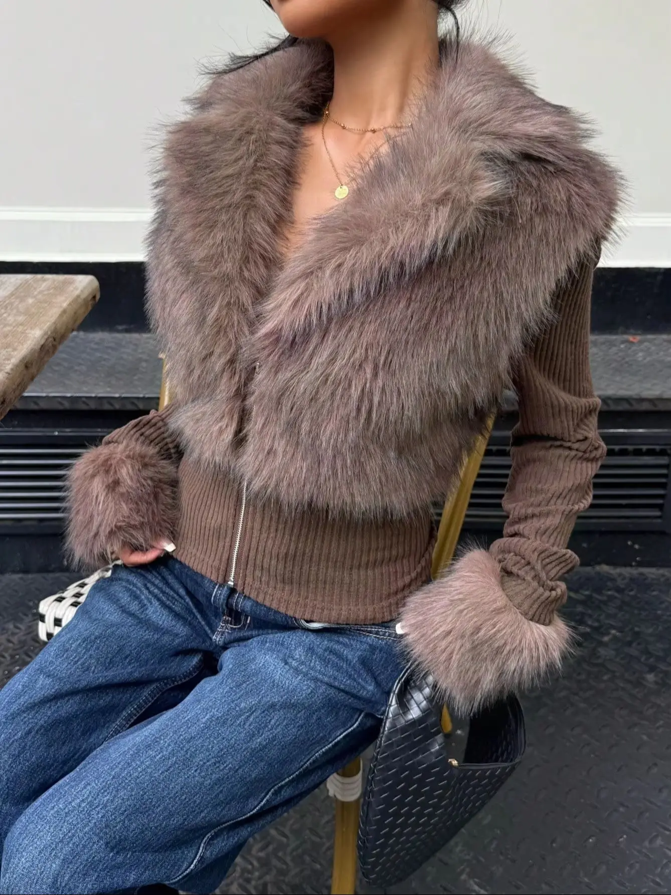LIMO Women Lapel Faux Fur Patchwork Knit Cropped Jacket Zip Up Long Sleeve Slim Outerwear