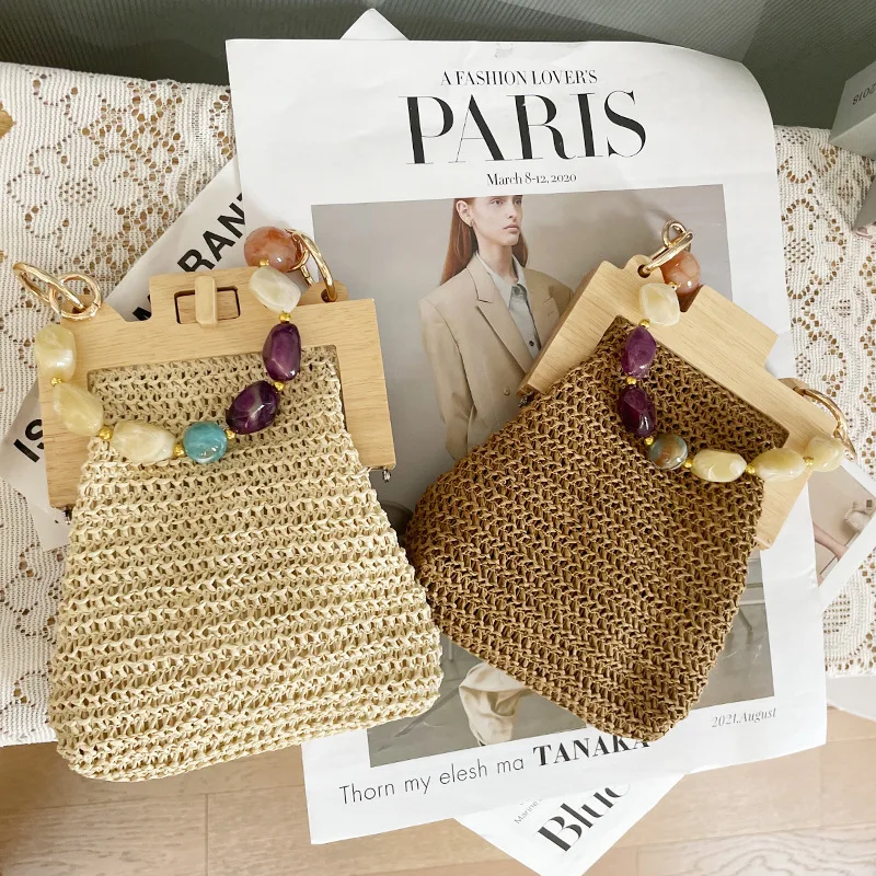 

Nice Pearl Chain Straw Bag Women Hand-Woven Handbags Women Summer Wooden Rattan Shoulder Bag Brand Luxury Beach Bag