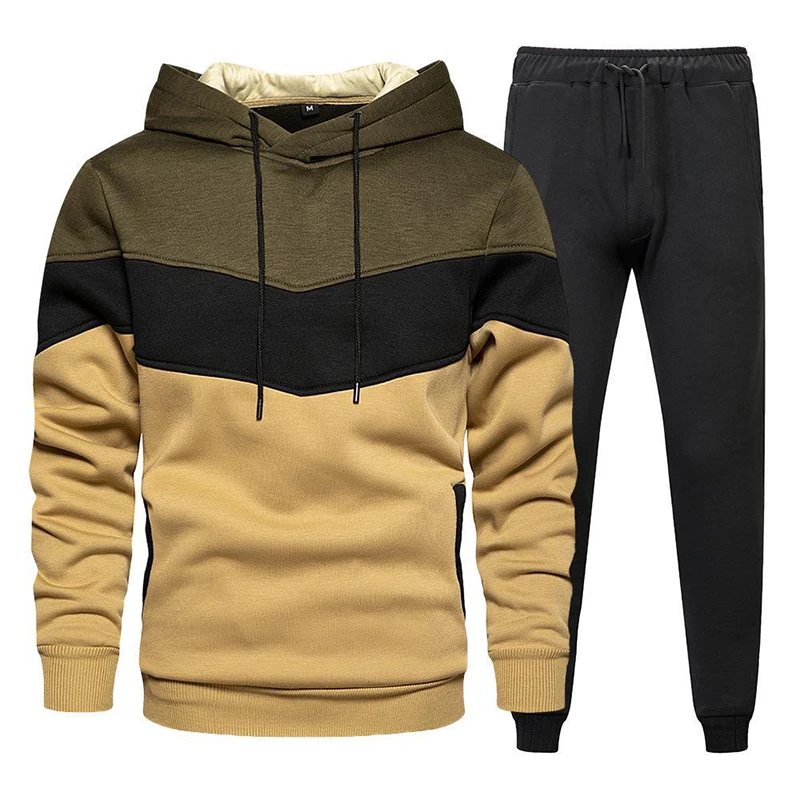 Autumn and winter warm hooded Sweatshirt+trousers suit Men's hooded patchwork sweater 2-piece pullover Hoodie Sportswear suit