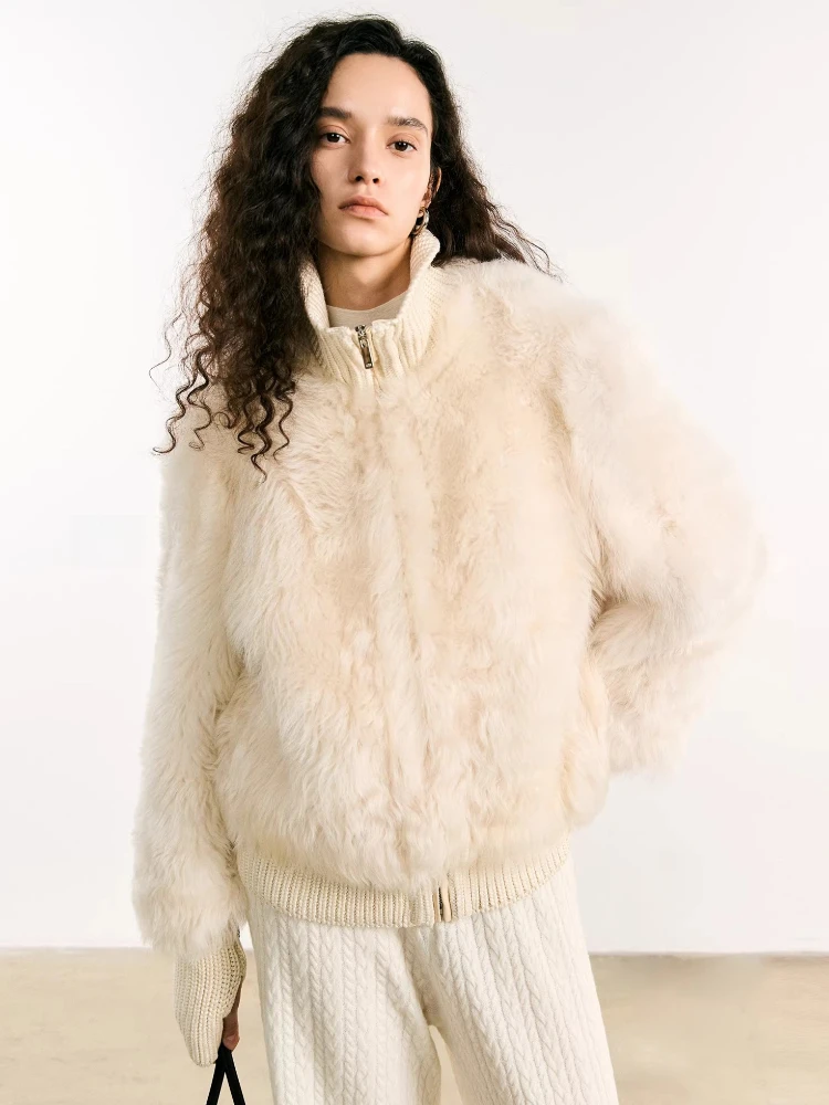 

High-end Luxury Toscana Lamb Fur Jackets Women Simple Patchwork Knitted Stand Collar Short Winter Genuine Leather Real Fur Coat