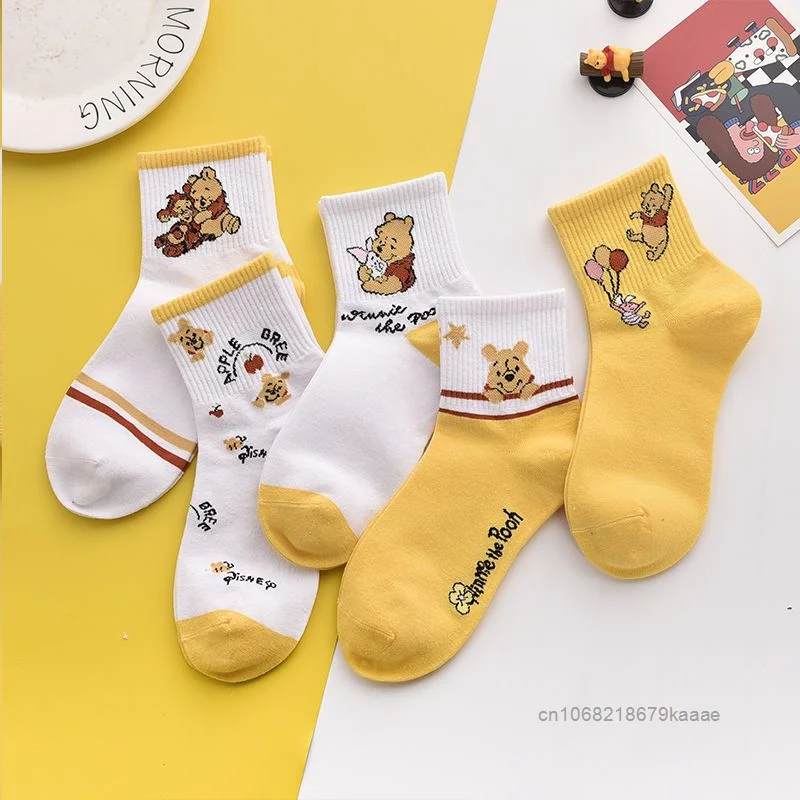 Disney Yellow Winnie The Pooh Cute Cartoon Socks Korean Version Harajuku Style Mid Tube Socks Sweet Y2k Girl Kawaii Cotton Socks