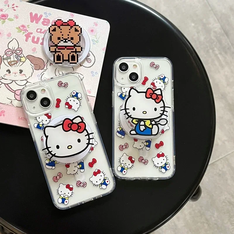 Cute Sanrio Hello Kitty Magnetic Bracket Magsafe Wireless Charge Phone Case For iPhone 16 15 14 13 12 11 Pro Max Hard Cover