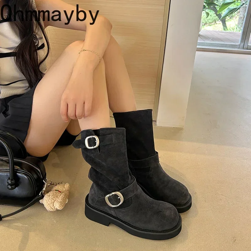 Retro Style Women Motorcycle Boots Fashion Metal Buckle Platform Heel Short Booties Winter Comfort Women\'s Footwear