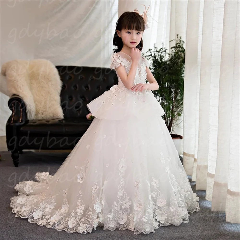 

White Tulle Fluffy Flower Girl Dress For Wedding Beading Applique Floor Length Child's First Eucharistic Birthday Party Dress