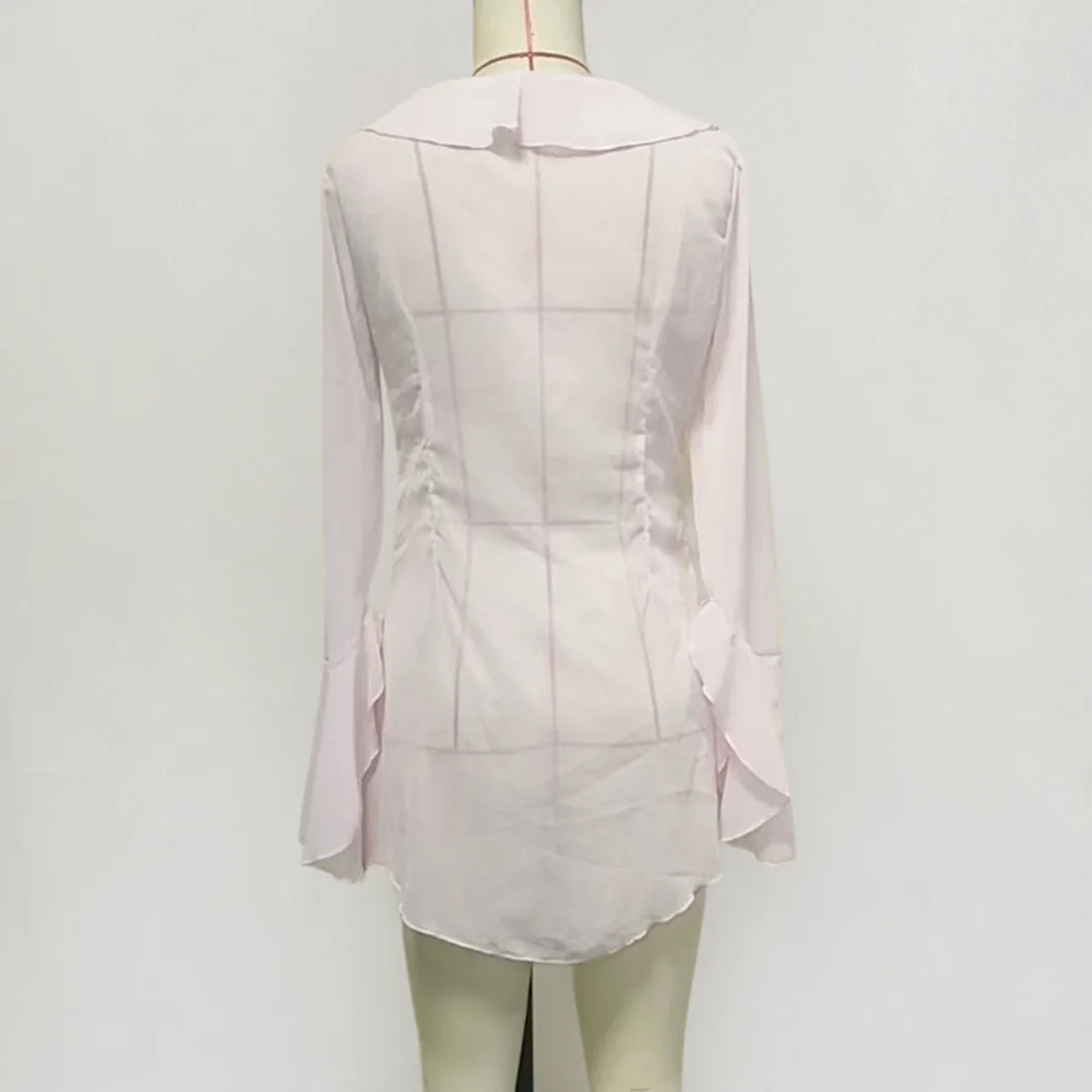 2026 Langarm V-Ausschnitt Rüschen-Strickkleid mit Durchsicht, Strandtunika, Damen-Strandkleidung, Strandbekleidung, Strand-Cover-up, Damen-Cover-ups V6992 – Detail 11