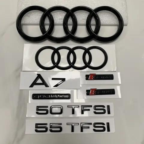 AUDI A7 4 링 로고 ABS 블랙 2019-2024 자동차 후드 전면 그릴 후면 트렁크 엠블럼 배지 스티커 Quattro Sline A7 액세서리 수리