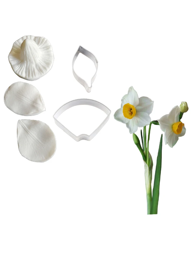 5pcs Narcissus flower Veiner Side Silicone Mold & Flower Cutter Set Cake Decorating Fondant Petal Clay Mold Sugarcraft M2507