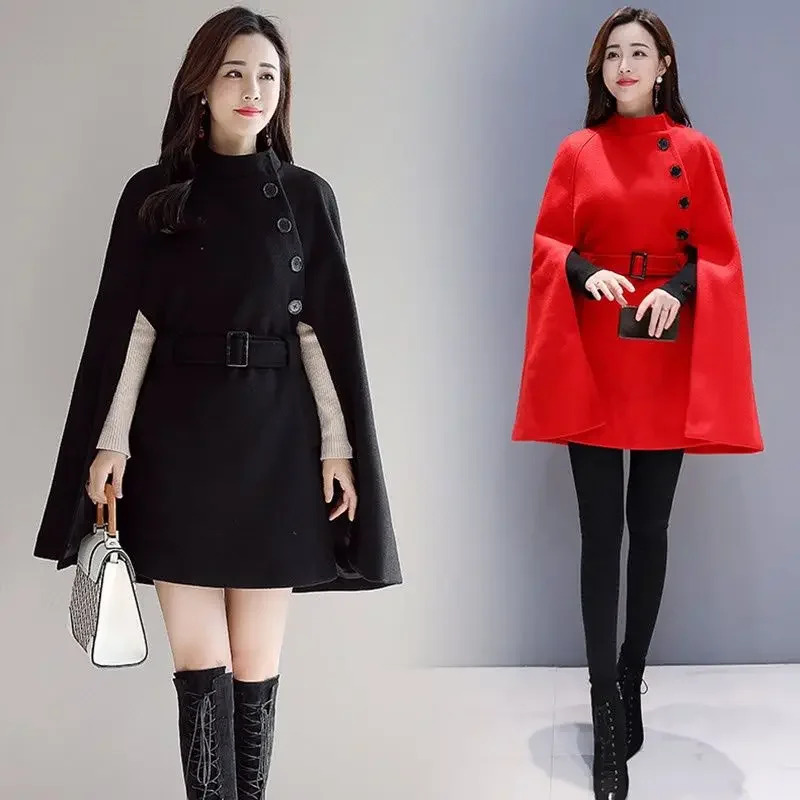 

Autumn Winter Women's Light Luxury High-end Socialite Temperament Goddess Style Design Sense Black Cape Leisure Coat Cloak E568