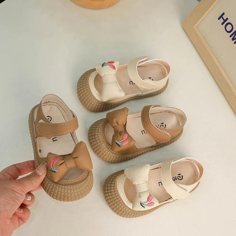 

Summer Girl's Sandals Bowknot Leisure Khaki Beige Children Sliders Sporty Hollow-out Soft Sole Comfy Kids Flat Shoes 22-31