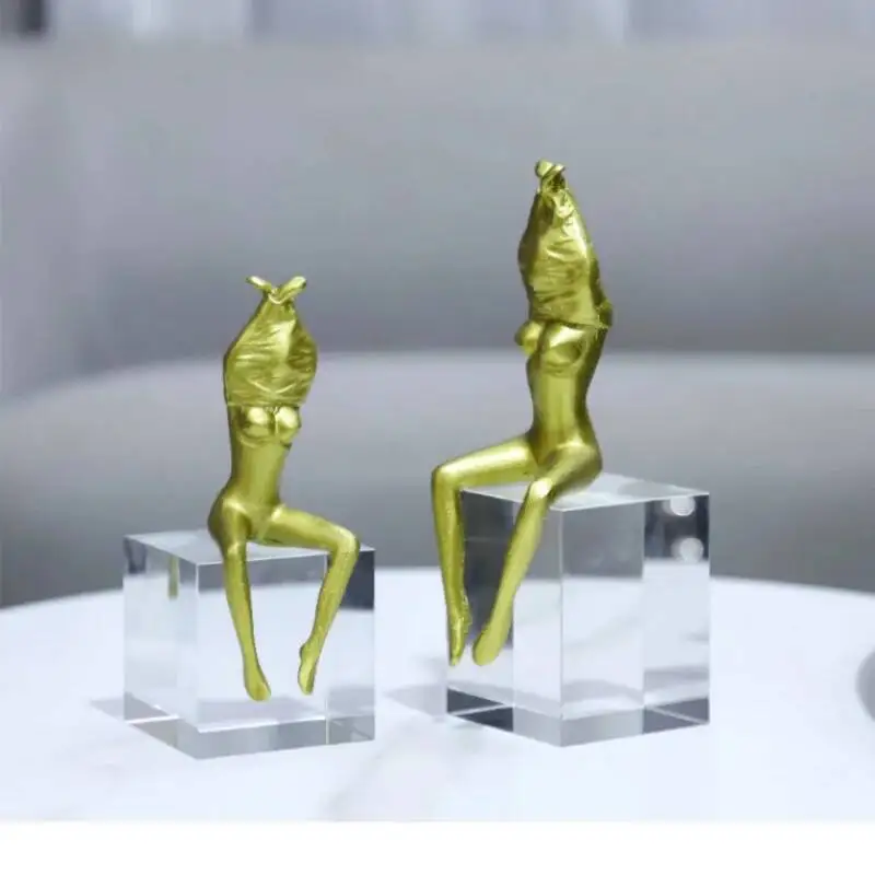 Abstract Metal Figure Sculpture Artistic Nude Female Figurines Glass Base Stripping Lady Metal Home Decoration Accessories