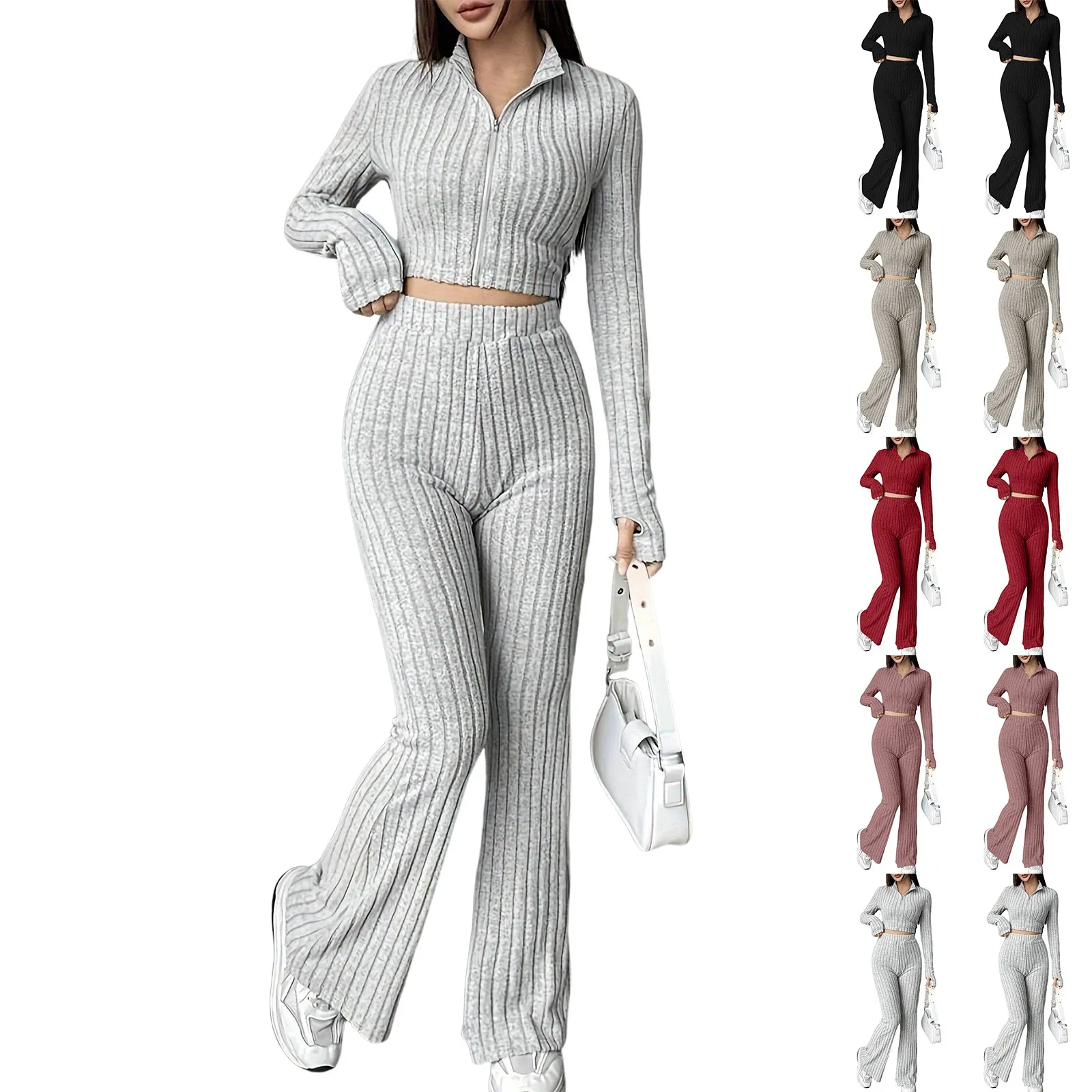 Fashion Women Outfits Ribbed Zipper Up Short Top With High-waisted Flared Pant 2 Piece Sets Women Casual Baggy Tracksuit