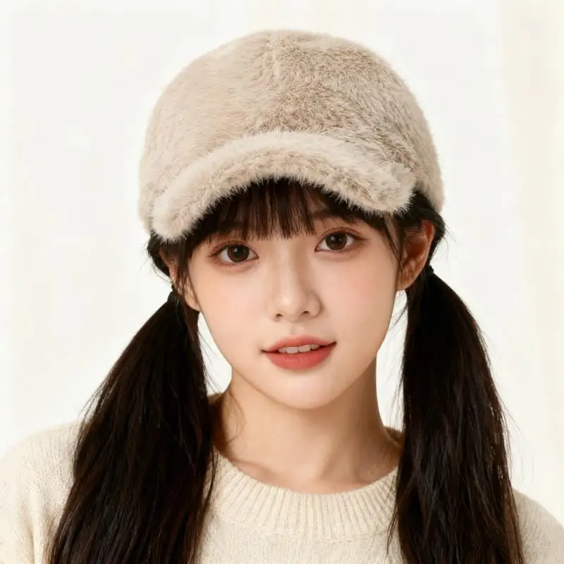 

Winter Warm Faux Fur Baseball Cap Solid Color Thickened Fluffy Soft Adjustable Visor Women Men Solid Color Plush Peaked Hat
