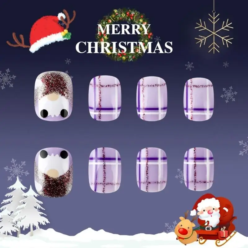 24 Pcs Short Square Full Cover False Nail Christmas Press On Nail Glittering Artificial Nail Snowman Stick on Nail