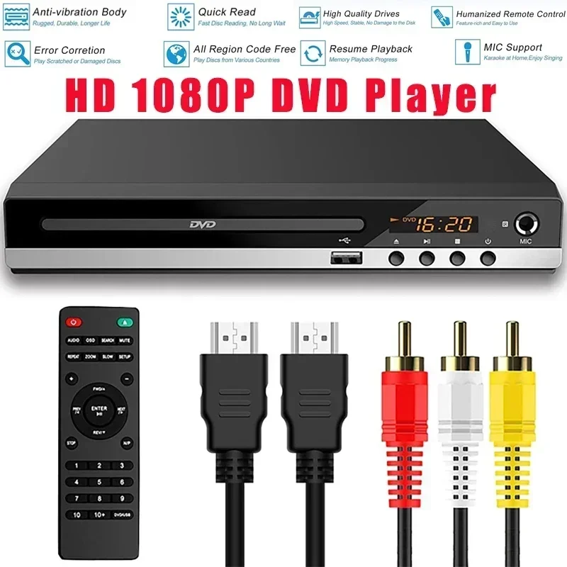 

Home DVD Player VCD CD Disc Media Players Digital Multimedia with AV Output Remote Control USB Mic HD 1080P Playe-r Box for KTV