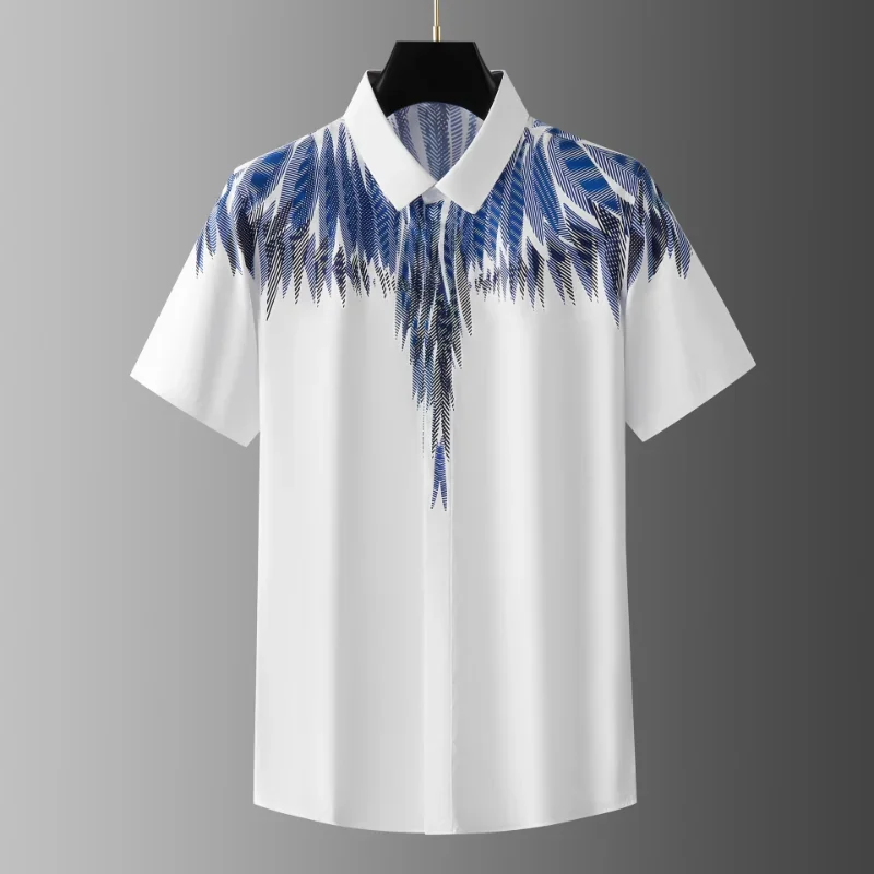 Minglu Summer Men's Shirts Luxury Feathered Wings Printed Short Sleeve Cotton Slim Fit Business Casual Male Dress Shirts