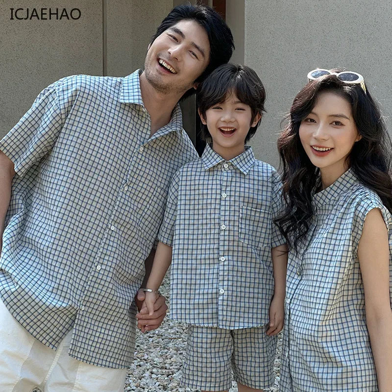 

2025 Matching Family Clothes Mom Dad Daughter Son Outfits Summer Wear Sweet Delicate Plaid Dresses Set Soft Lovely Twin