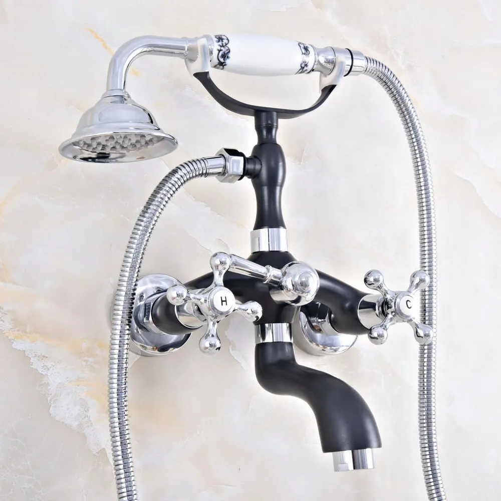 Silver Chrome & Black Brass Wall Mount Bathroom Bathtub Faucet Set WITH/ 1500MM Handheld Shower Spray Head Mixer Tap Dna603