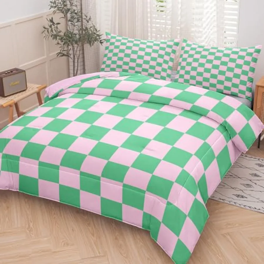 

Комплекты постельного белья в зеленую и розовую клетку для женщин и мужчин, зеленое клетчатое постельное белье для мальчиков и девочек, современные геометрические стеганые одеяла с узором в виде травы