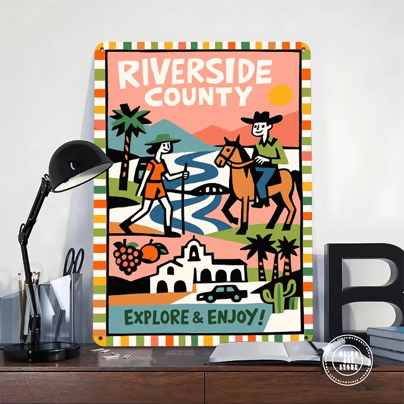 Riverside County Explore & Enjoy Tin Poster Customized Wall Art Retro Vintage Metal Signs for Fans Room Aesthetic Decoration