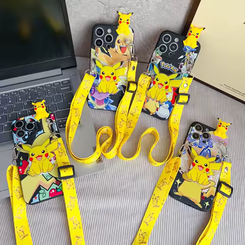 For Samsung Galaxy S8 S9 S10 S20 S21 S22 S23 S24 S25 Plus Ultra FE Note 8 9 10 20 Cartoon Pika Case With Holder Rope