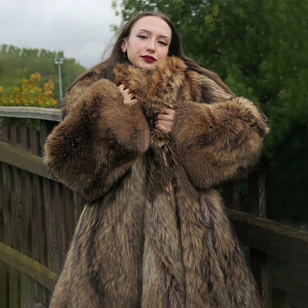 Luxury Winter Womens Real Natural Raccoon Fur Thick Coat Fashon Warm Full Pelt Raccoon Fur Overcoat Female Real Fur Outwear