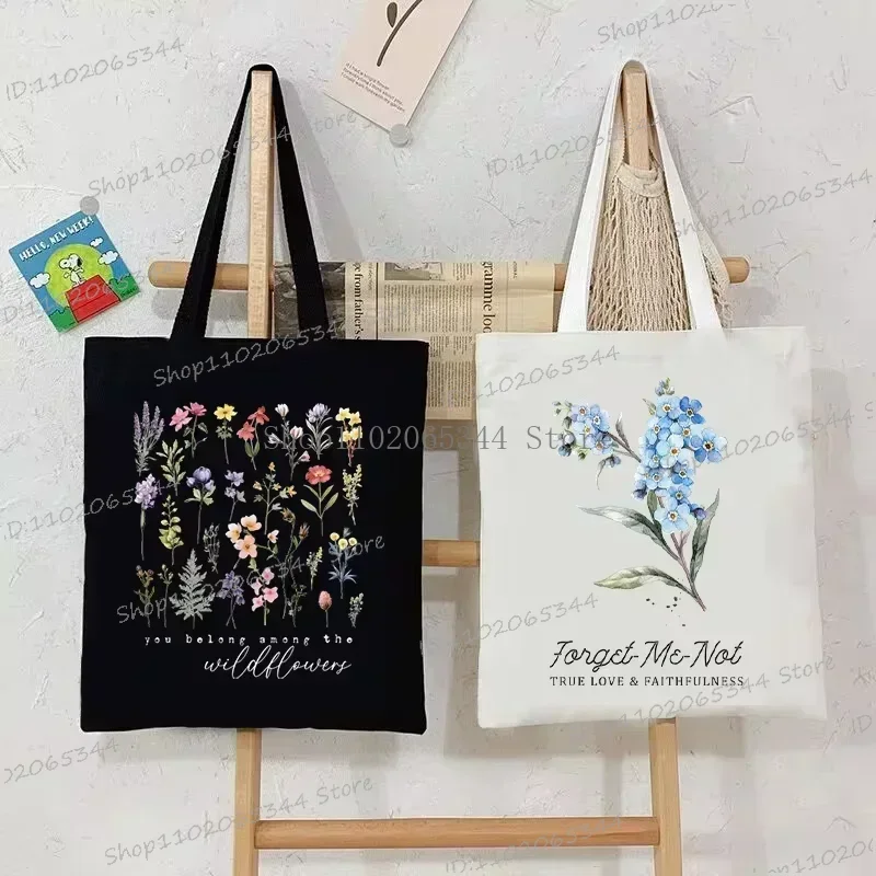 Myosotis Alpestris płócienna torba z grubej bawełny dla kobiet „Forget Me Not” torebka estetyczna kwiatowa torba na zakupy kobieca torba na ramię w stylu boho
