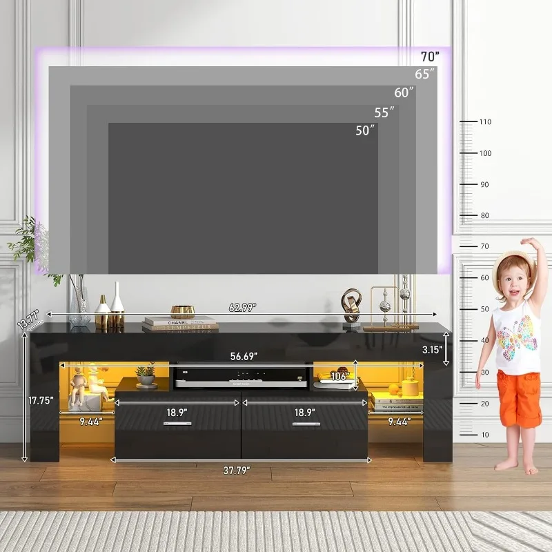 LED TV 스탠드, 50 인치, 55 인치, 60 인치, 65/70 인치 TV, 현대 엔터테인먼트 센터, 보관 서랍 및 유리 선반, TV 콘솔 테이블