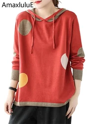Amax luluE 2024 Winter Women Loose Patchwork Sweaters European Style Ladies Casual Hooded Design Jumpers Vintage Street Pullover