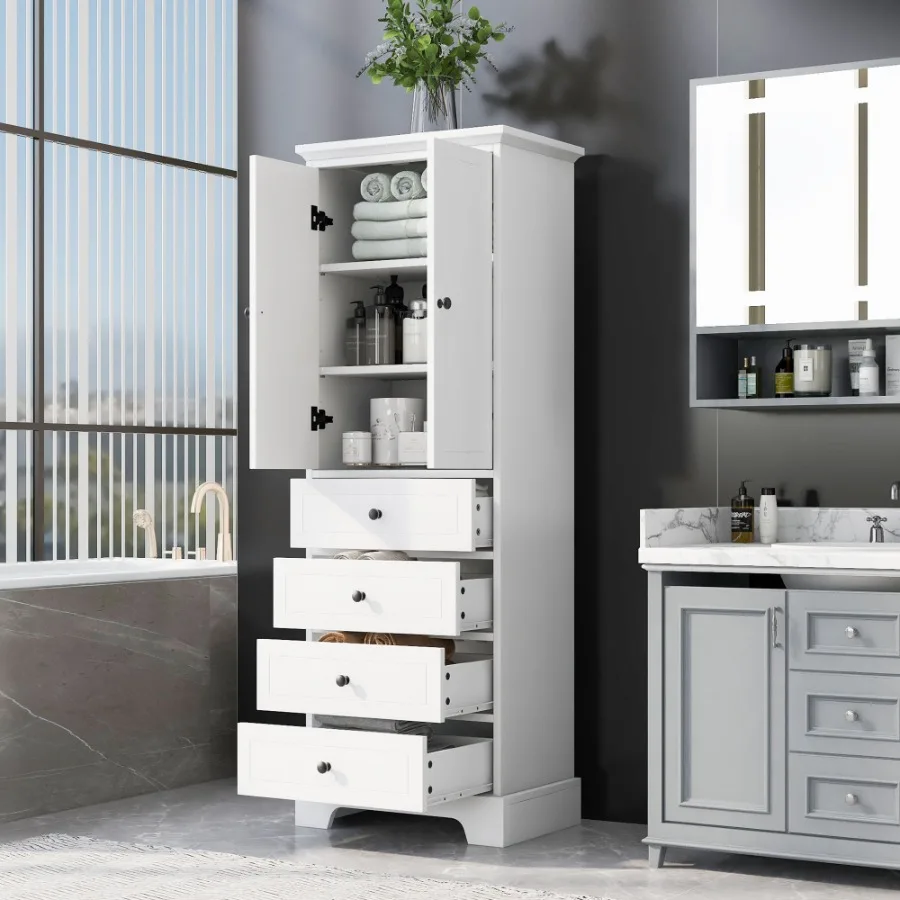 

Storage Cabinet with 2 Doors and 4 Drawers for Bathroom Office Adjustable Shelf MDF Board with Painted Finish