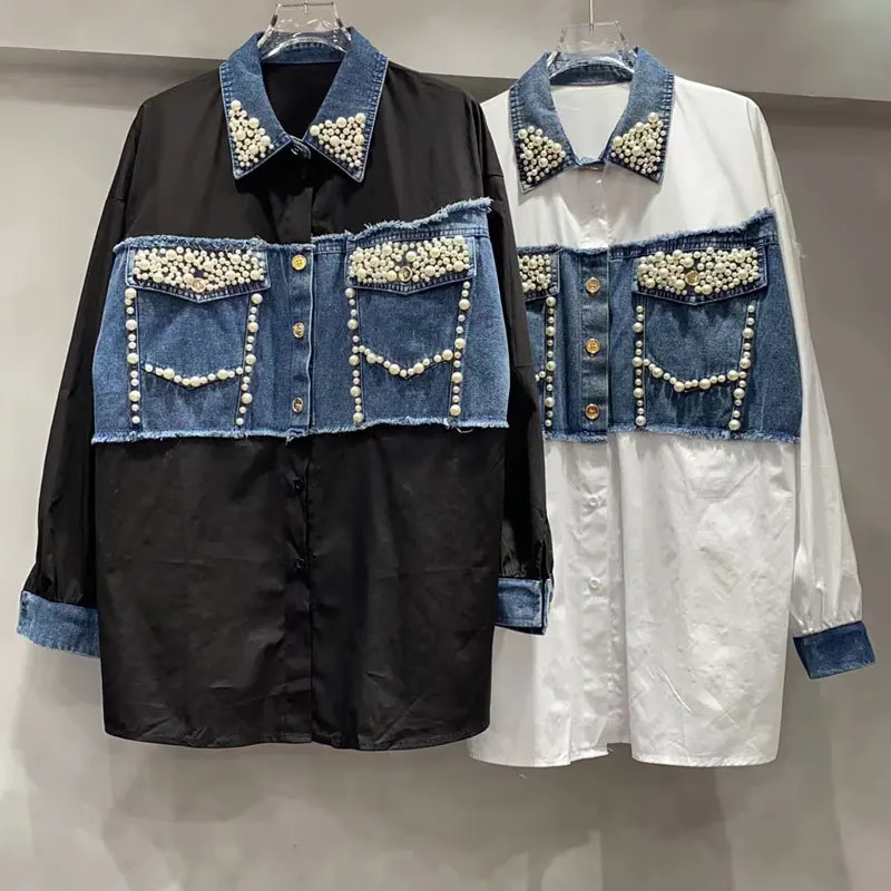 

Shirt Women Denim Patchwork Top Pearls Turn Down Collar Single Breasted Female Vintage Shirts Streetwear 2026 Spring Overshirt