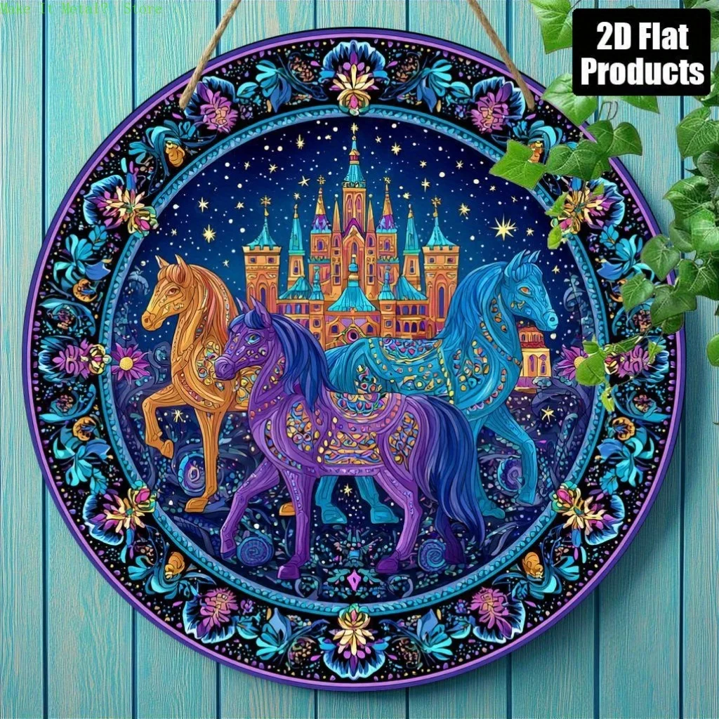 Letrero Redondo Metálico de Fantasía con Castillo Encantado Plano 2D y Tres Caballos Coloridos, Arte de Pared Metálico para Decoración Mágica del Hogar, Acento de Cuento de Hadas
