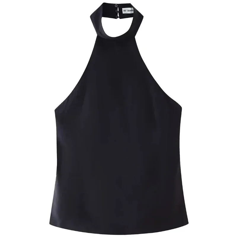 TRAF Women Off Shoulder Backless Vest Summer 2024 Crop Halter Top Female Sleeveless Back Buckles Slim Tank Tops Chic Elegant Top