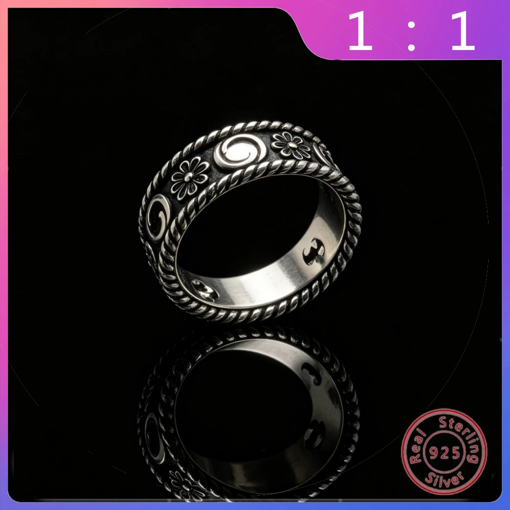 

Кольцо из серебра S925 пробы, высококачественное, в стиле легкой роскоши, модное, ретро, с хризантемой, ажурное, с буквенным дизайном, универсальное